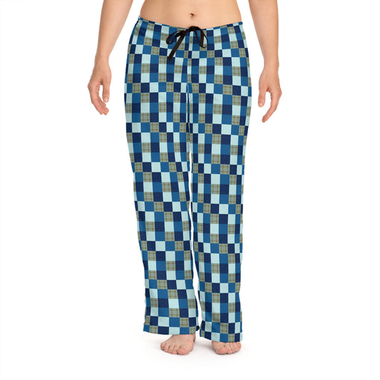 Blue Patchwork Quilt Pattern PJs - Women's Pajama Pants (AOP)