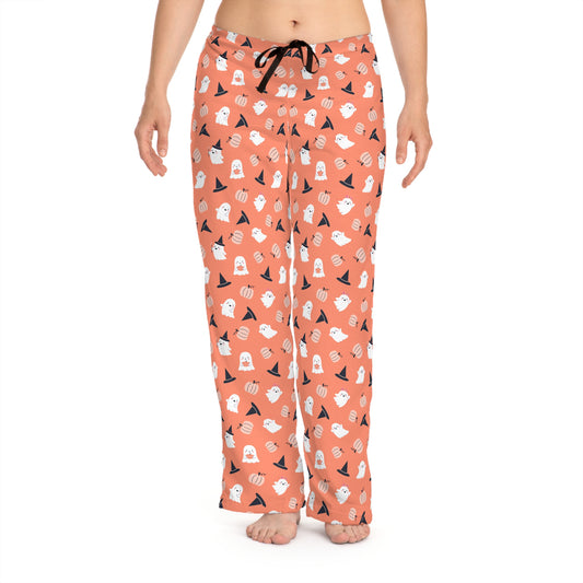 Orange Pumpkin and Ghost Halloween PJs - Women's Pajama Pants (AOP)