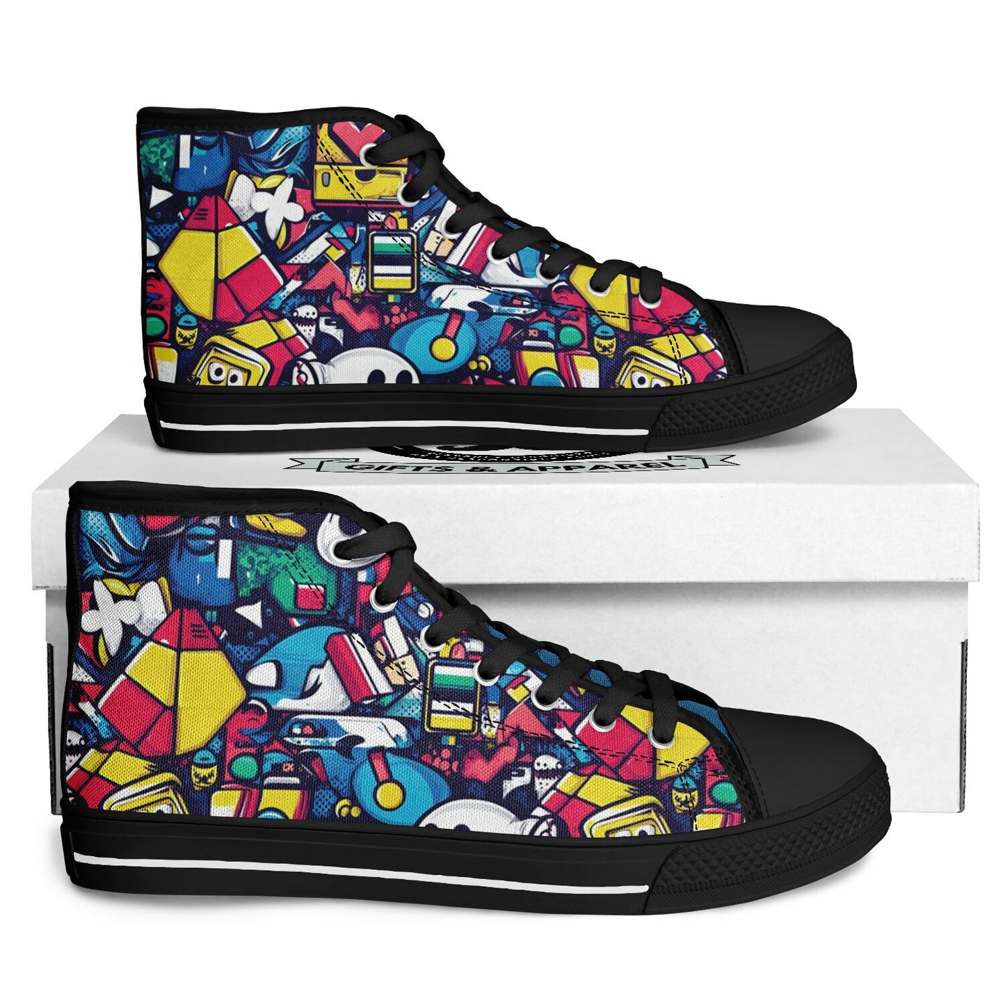 Colorful Graphic Street Art Urban Peak High Top Shoes (black details)